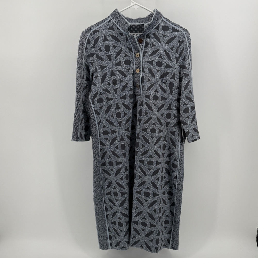 Gretchen Scott Grey Geometric Circle Print Button Front Shift Dress S 3/4 Slv